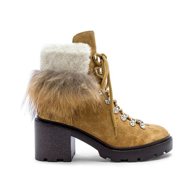$450 Sigerson Morrison Naia Shearling Hiker Boot Khaki Suede - Picture 1 of 13